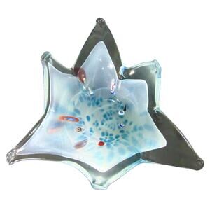 NEW Murano Italy BLOWN GLASS STAR BOWL 9" Candy Dish Blue Millifiori Nautical